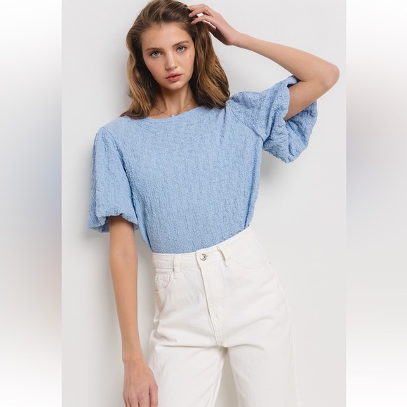 19 Solid Textured Puff Sleeve Blouse Top - Picture 3 of 6